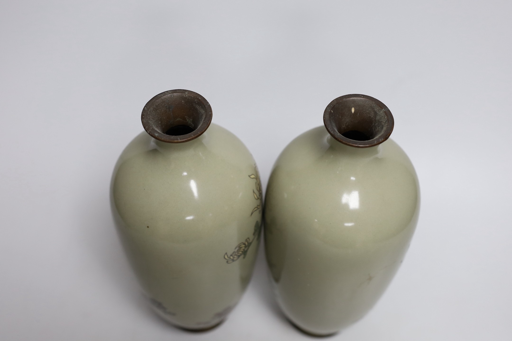 A pair of Japanese silver wire cloisonné enamel vases. 25cm tall